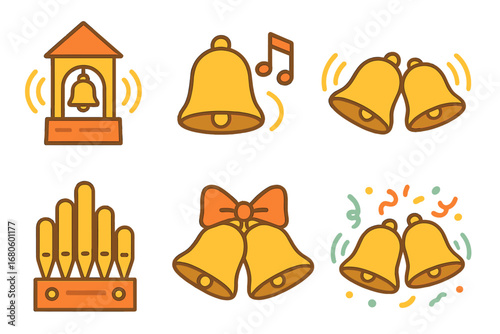Joyful Bell Chimes. Flat vector mini-illustrations bell tower sounds in colors children's illustrations: ringing sound waves,