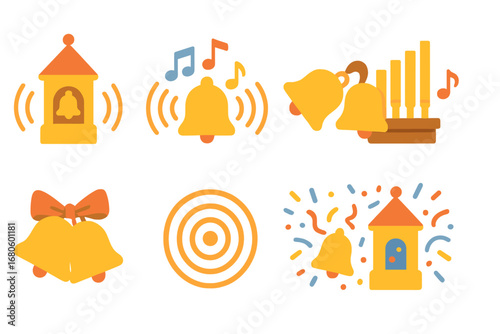 Joyful Bell Chimes. Flat vector mini-illustrations bell tower sounds in colors children's illustrations: ringing sound waves,