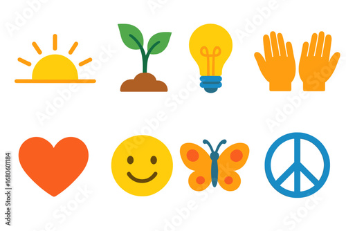 Innocence and Optimism. Flat vector mini-illustrations injustice and hope in colors children's illustrations: rising sun, growing