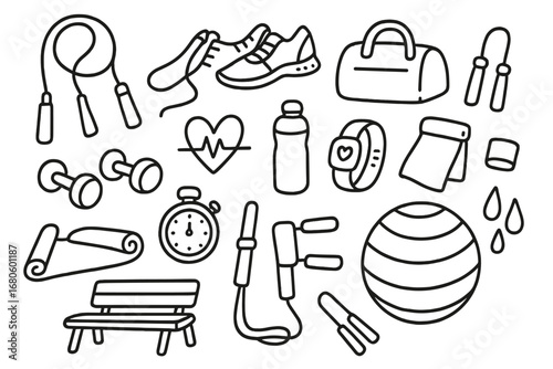 Jump Rope Essentials. Hand-drawn doodle illustration jump rope training gear jump rope, sneakers, gym bag, water bottle, dumbbells