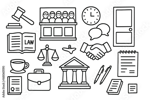 Jury Deliberation Doodles. Hand-drawn doodle illustration jury deliberating behind closed doors judge’s gavel, jury box, closed