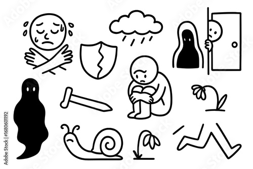 Insecurity Symbols Doodle. Hand-drawn doodle illustration insecurity and fear shrinking shadow, closed eyes, sweating face,