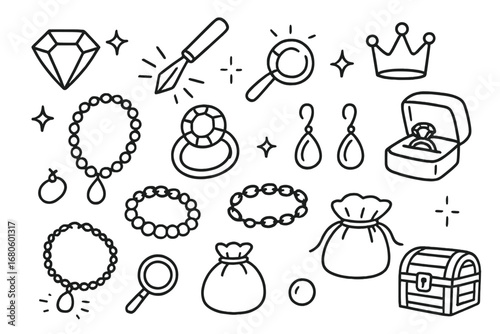 Jewelry Crafting Doodle. Hand-drawn doodle illustration jewelry making with gemstones gemstone, gem cutter, necklace, ring,