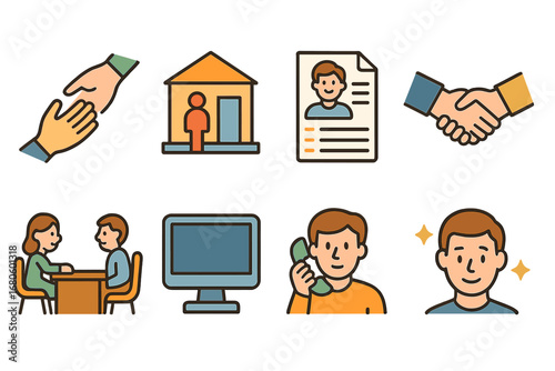 Job Assistance Icons. Flat vector mini-illustrations unemployment support in colors children's illustrations: helping hand, job