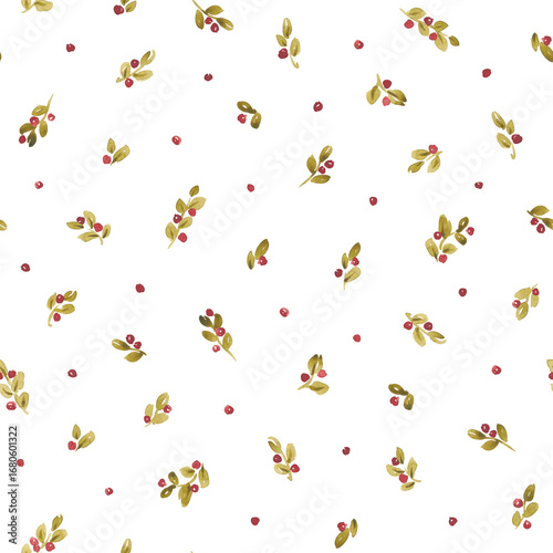 Christmas seamless pattern hand drawn with watercolor. Retro Xmas design with abstract watercolor greenery, red berries. Mistletoe digital paper. Old style colors