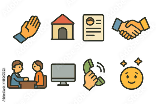 Job Assistance Icons. Flat vector mini-illustrations unemployment support in colors children's illustrations: helping hand, job