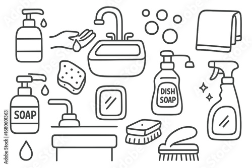 Kitchen Cleaning Essentials. Hand-drawn doodle illustration kitchen soap dispenser soap dispenser, pump nozzle, hand, sink, faucet