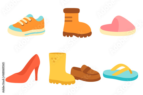 Giant Shoe Illustrations. Flat vector mini-illustrations giant shoe in colors children's illustrations: oversized sneaker, huge
