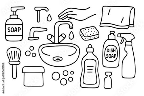 Kitchen Cleaning Essentials. Hand-drawn doodle illustration kitchen soap dispenser soap dispenser, pump nozzle, hand, sink, faucet