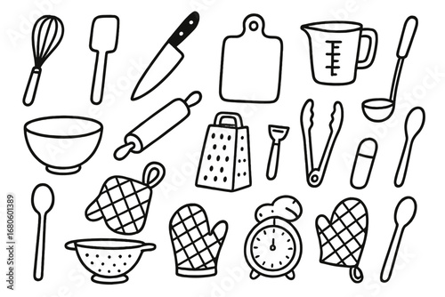 Kitchen Tool Doodles. Hand-drawn doodle illustration kitchen tools whisk, spatula, knife, cutting board, measuring cup, mixing