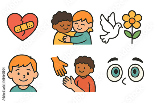 Healing Journey Icons. Flat vector mini-illustrations betrayal recovery in colors children's illustrations: healing heart,