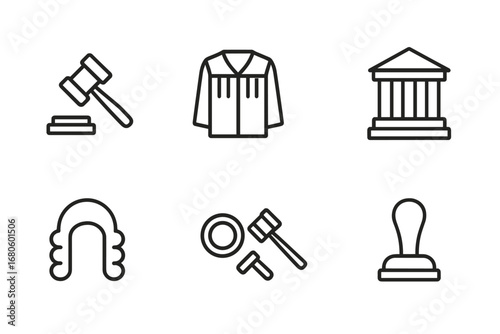 Law Icon Set. Outline icon set of law and authority: gavel, judge robe, courthouse, scales of justice, judge’s wig, seal, gavels