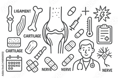 Knee Joint Doodle. Hand-drawn doodle illustration ligament knee ligament, bone, knee joint, cartilage, muscle, syringe, pill,