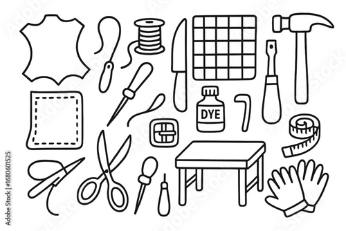Leather Crafting Tools Icons. Hand-drawn doodle illustration leather artisan leather sheet, stitching needle, thread spool,