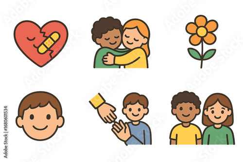 Healing Journey Icons. Flat vector mini-illustrations betrayal recovery in colors children's illustrations: healing heart,