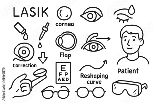 LASIK Procedure Doodles. Hand-drawn doodle illustration LASIK and cornea cornea, laser icon, eye cross-section, flap symbol, light