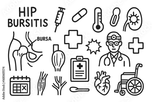Hip Bursitis Doodle Icons. Hand-drawn doodle illustration hip bursitis hip joint, bursa sac, syringe, pill, thermometer, pain