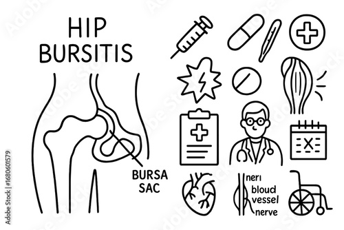 Hip Bursitis Doodle Icons. Hand-drawn doodle illustration hip bursitis hip joint, bursa sac, syringe, pill, thermometer, pain