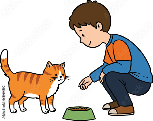 Cartoon child feeding orange cat with food bowl, showing pet care, kindness, and animal interaction for kids education and lifestyle design.