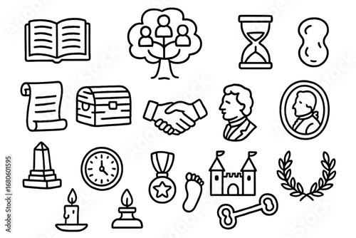Legacy Family Symbols. Hand-drawn doodle illustration legacy family tree, old book, hourglass, scroll, treasure chest, monument,