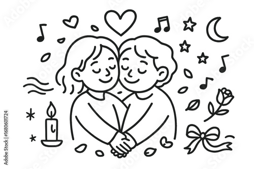 Loving Embrace Doodle. Hand-drawn doodle illustration loving embrace two people hugging, heart, cheeks touching, closed eyes, warm