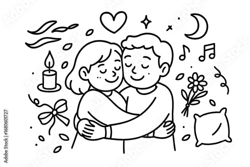 Loving Embrace Doodle. Hand-drawn doodle illustration loving embrace two people hugging, heart, cheeks touching, closed eyes, warm