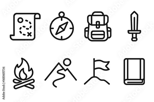 Legendary Quest Icons. Outline icon set of legendary quests: treasure map, compass, backpack, sword, campfire, mountain path, flag