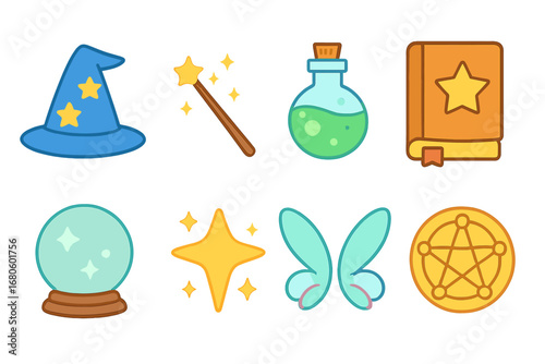 Magic Icons for Kids. Flat vector mini-illustrations fate and magic in colors children's illustrations: wizard hat, magic wand,