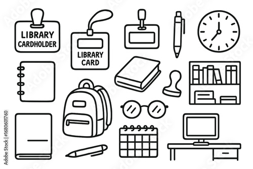 Library Accessories Doodle. Hand-drawn doodle illustration Library cardholder and accessories card holder, library card, lanyard,
