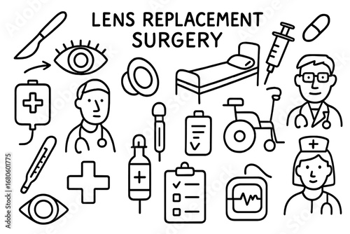 Lens Surgery Doodles. Hand-drawn doodle illustration lens lens replacement surgery scalpel, lens, hospital bed, doctor, syringe,