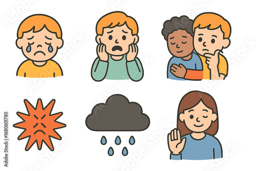 Job Loss Emotions Icons. Flat vector mini-illustrations emotional impact of job loss in colors children's illustrations: crying
