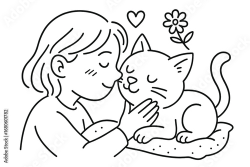Intimate Doodle Embrace. Hand-drawn doodle illustration intimate nuzzle faces close, nose touch, heart, cheeks, eyes closed,