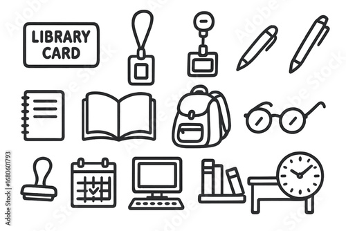 Library Accessories Doodle. Hand-drawn doodle illustration Library cardholder and accessories card holder, library card, lanyard,