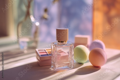 Pastel cosmetic and perfume bottles on a table near a window, bathed in sunlight