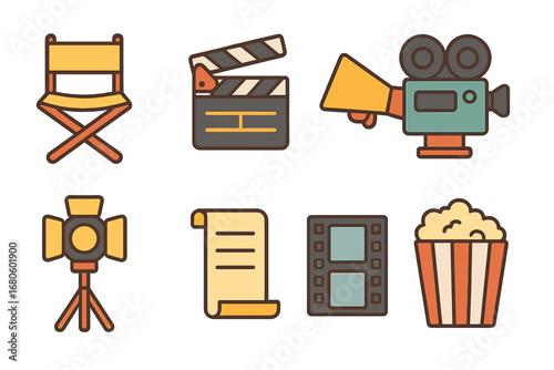 Kids Movie Icon Set. Flat vector mini-illustrations movie making in colors children's illustrations: director’s chair,