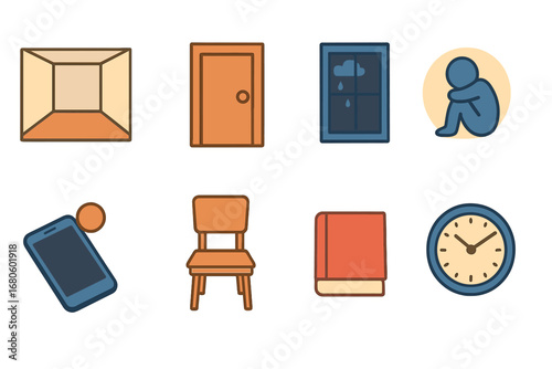 Lonely Room Icons. Flat vector mini-illustrations depression isolation in colors children's illustrations: empty room, closed door