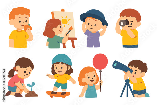 Kids Exploring Creativity. Flat vector mini-illustrations trying new things in colors children's illustrations: kid tasting fruit,