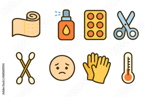Kids' First Aid Icons. Flat vector mini-illustrations first aid in colors children's illustrations: bandage, antiseptic, blister
