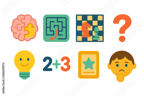 Kids' Brain Boosters. Flat vector mini-illustrations mental challenges in colors children's illustrations: brain puzzle, maze,