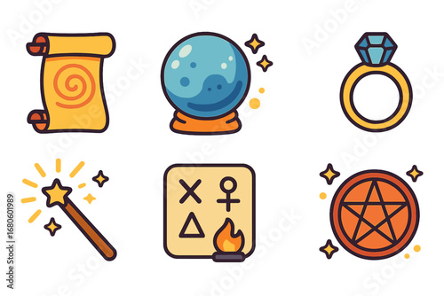 Magical Mystical Icons. Flat vector mini-illustrations mystical incantations in colors children's illustrations: magical scroll,