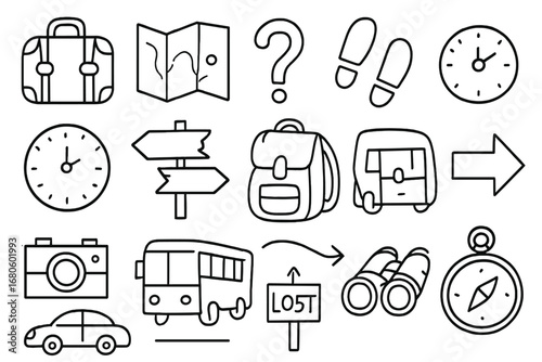 Lost Traveler Icons. Hand-drawn doodle illustration lost traveler suitcase, map, compass, question mark, footprints, clock, broken