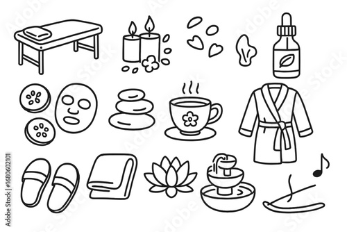 Luxury Spa Essentials. Hand-drawn doodle illustration luxury spa massage table, scented candles, rose petals, essential oil bottle