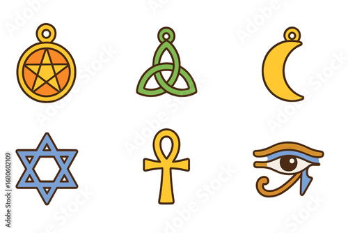 Magical Amulet Grid. Flat vector mini-illustrations magical symbols amulets in colors children's illustrations: pentagram charm,