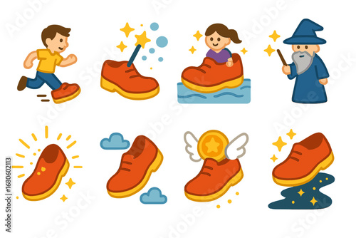 Magic Shoe Adventures. Flat vector mini-illustrations magic shoe stories in colors children's illustrations: fairy tale shoe chase