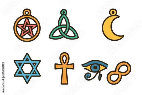 Magical Amulet Grid. Flat vector mini-illustrations magical symbols amulets in colors children's illustrations: pentagram charm,