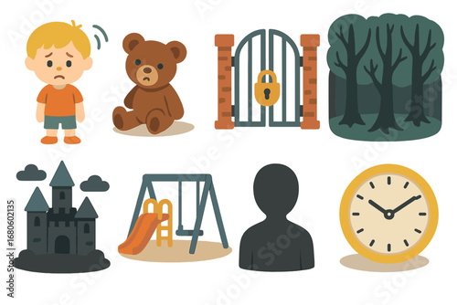 Lost Childhood Icons. Flat vector mini-illustrations helplessness in stories in colors children's illustrations: lost child,