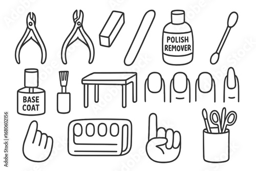 Manicure Tools Doodle. Hand-drawn doodle illustration manicure tools and nails nail clipper, cuticle nipper, buffer block, nail