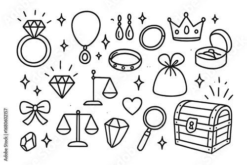 Luxury Jewelry Doodles. Hand-drawn doodle illustration luxury jewelry diamond ring, necklace, earrings, bracelet, jewelry box,