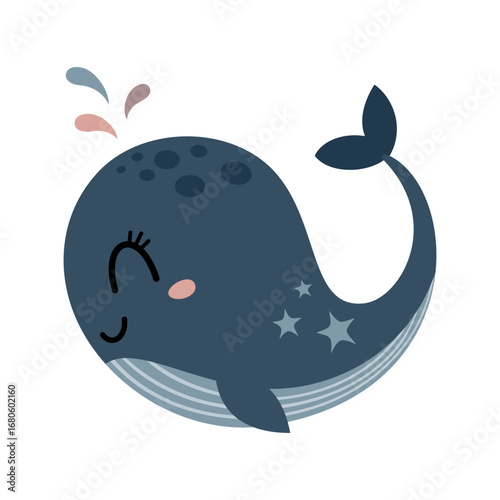 Cute blue whale clipart, isolated cartoon sea character. Ocean animal vector illustration