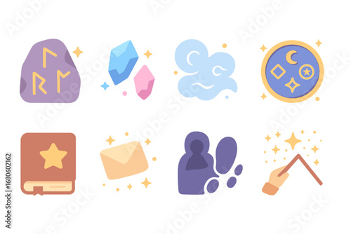 Magical Children's Icons. Flat vector mini-illustrations magical labyrinth in colors children's illustrations: glowing runes,